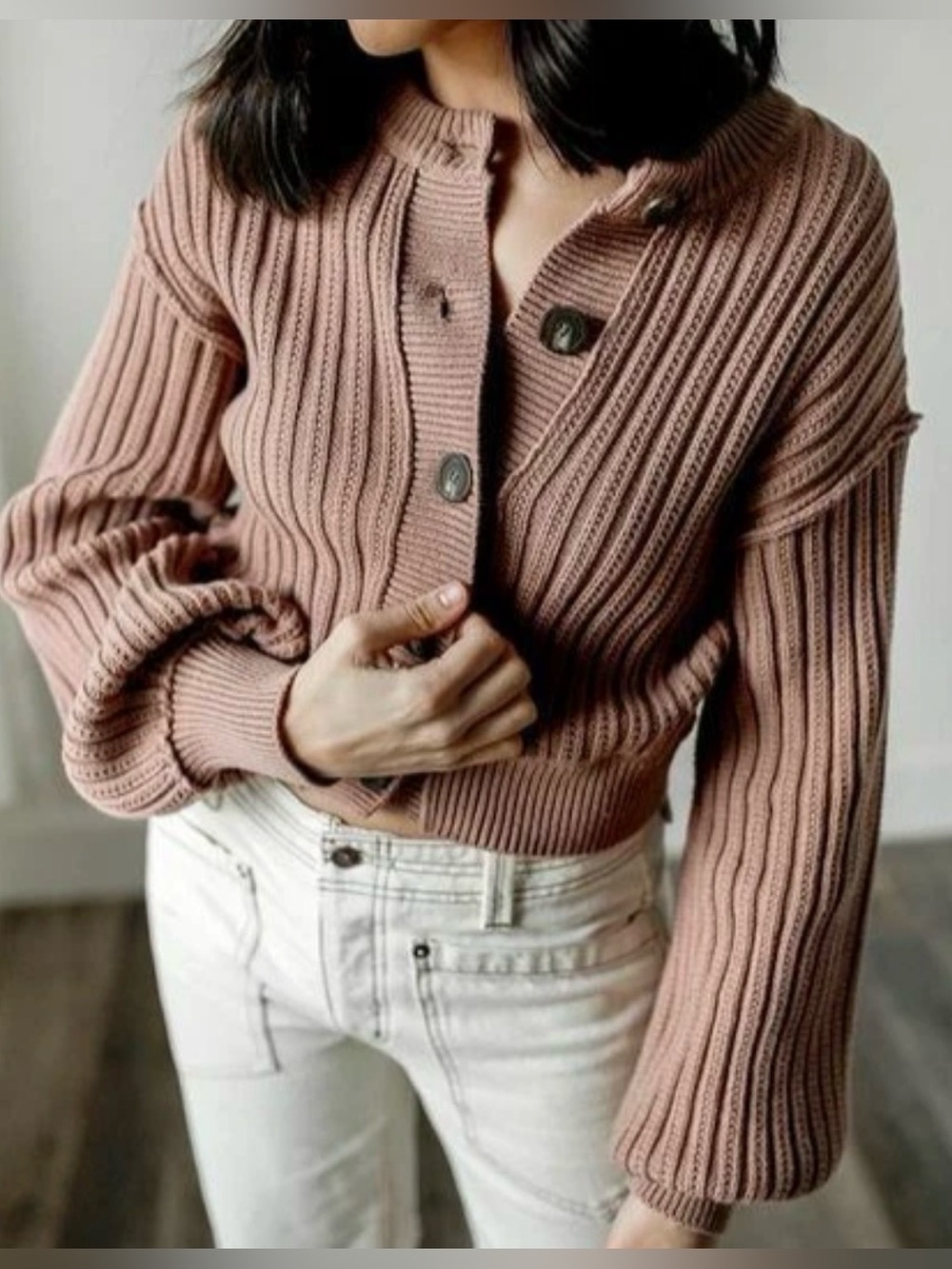 Free People All Yours Cotton Cardi Mocha Cropped Cardigan Sweater S